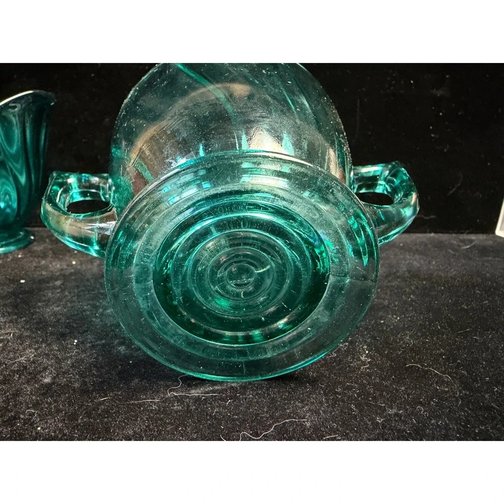 Vintage Teal Blue Green Swirl‎ Glass Creamer and Sugar Bowl Set Scalloped Edge